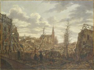 https://nl.wikipedia.org/wiki/Leidse_buskruitramp#/media/Bestand:Johannes_Jelgerhuis_-_Het_Rapenburg_te_Leiden_drie_dagen_na_de_ontploffing_van_het_kruitschip_op_12_januari_1807.jpg